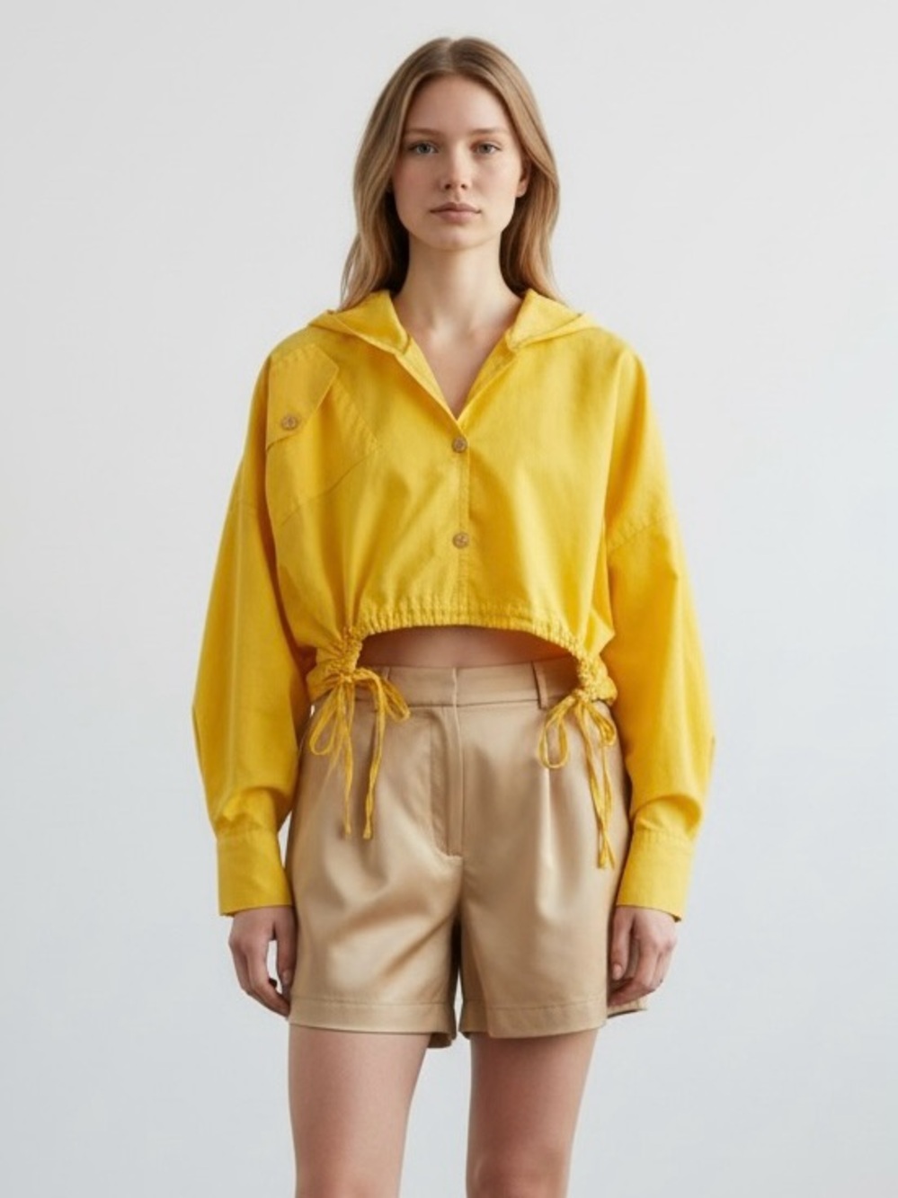 🌴 Balizza Long Sleeve Yellow Hooded Button Down Top